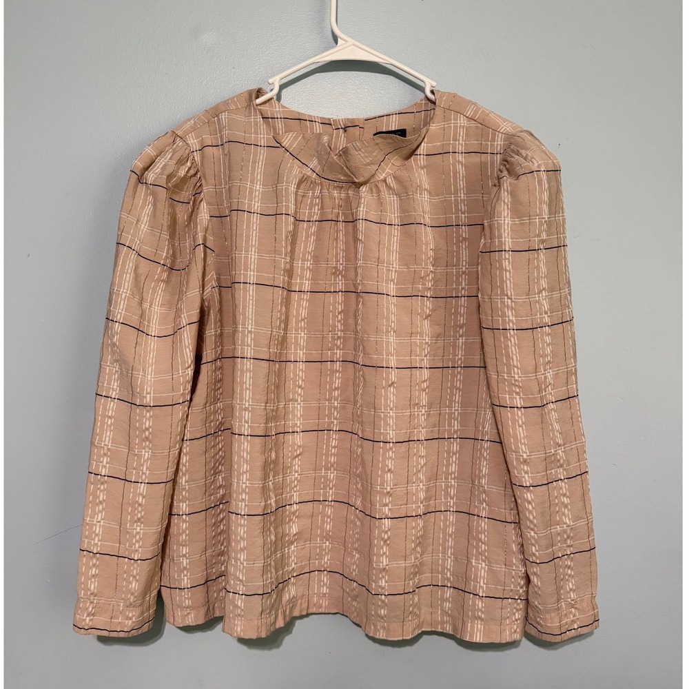 Ann Taylor Size XL Plaid Metallic Button Back Blouse Tan Gold Puff Sleeve 1641